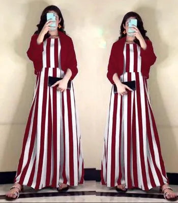 Maroon Striped Silk Maxi Dress with Stylish Jacket Set