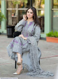 Elegant grey embroidered lawn suit with purpel