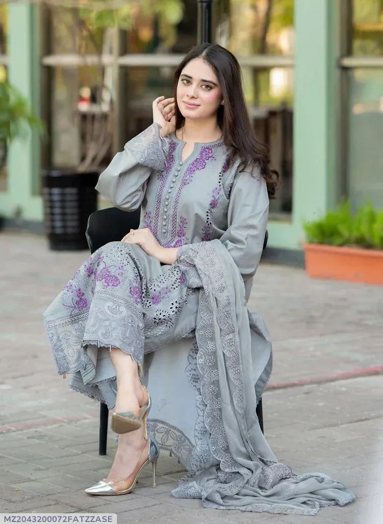 Elegant grey embroidered lawn suit with purpel