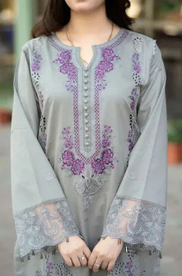 Elegant grey embroidered lawn suit with purpel