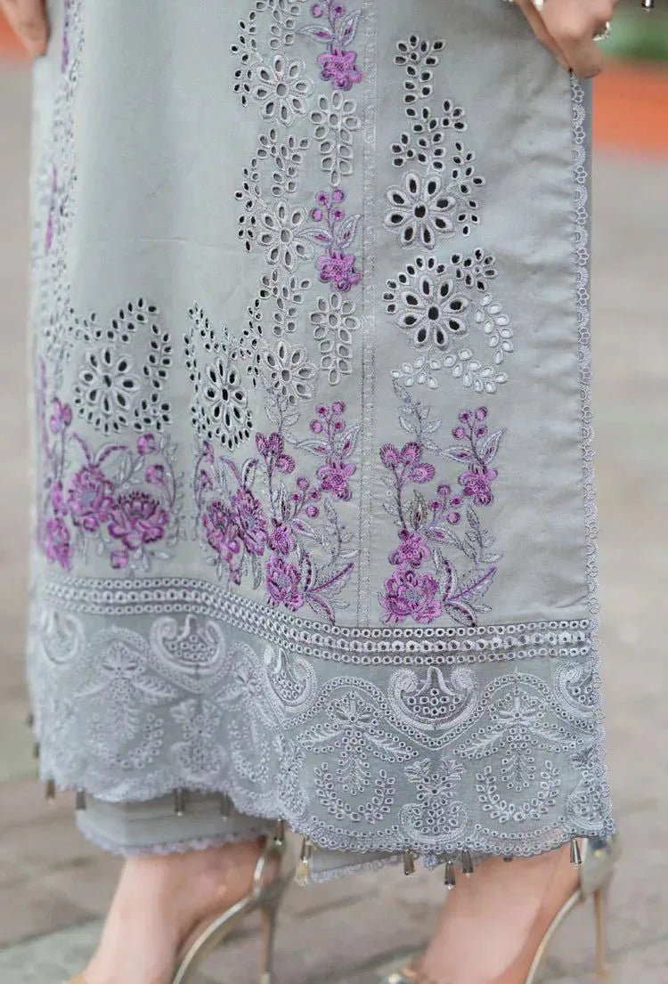 Elegant grey embroidered lawn suit with purpel