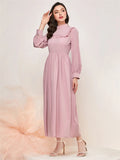 Elegant Women’s Pink Long Sleeve Maxi Dress – High Neck Ruffle Detail